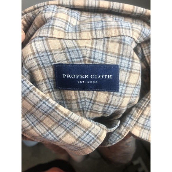 Proper Cloth Men's Button Down Shirt Size Medium Tan And Gray Plaid Cotton L/S - Picture 10 of 15